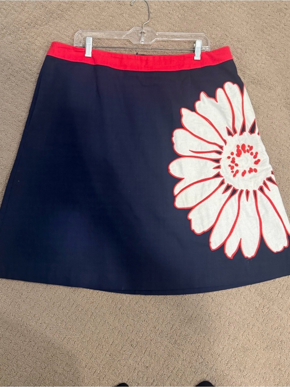 Boden Navy Floral Appliqué A-Line Skirt - Red Trim
